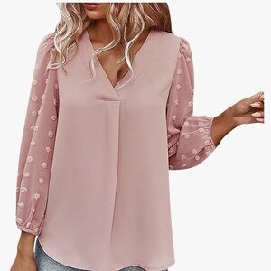 Light pink 2XL V-Neck Blouse with Embroidered Sheer Sleeves